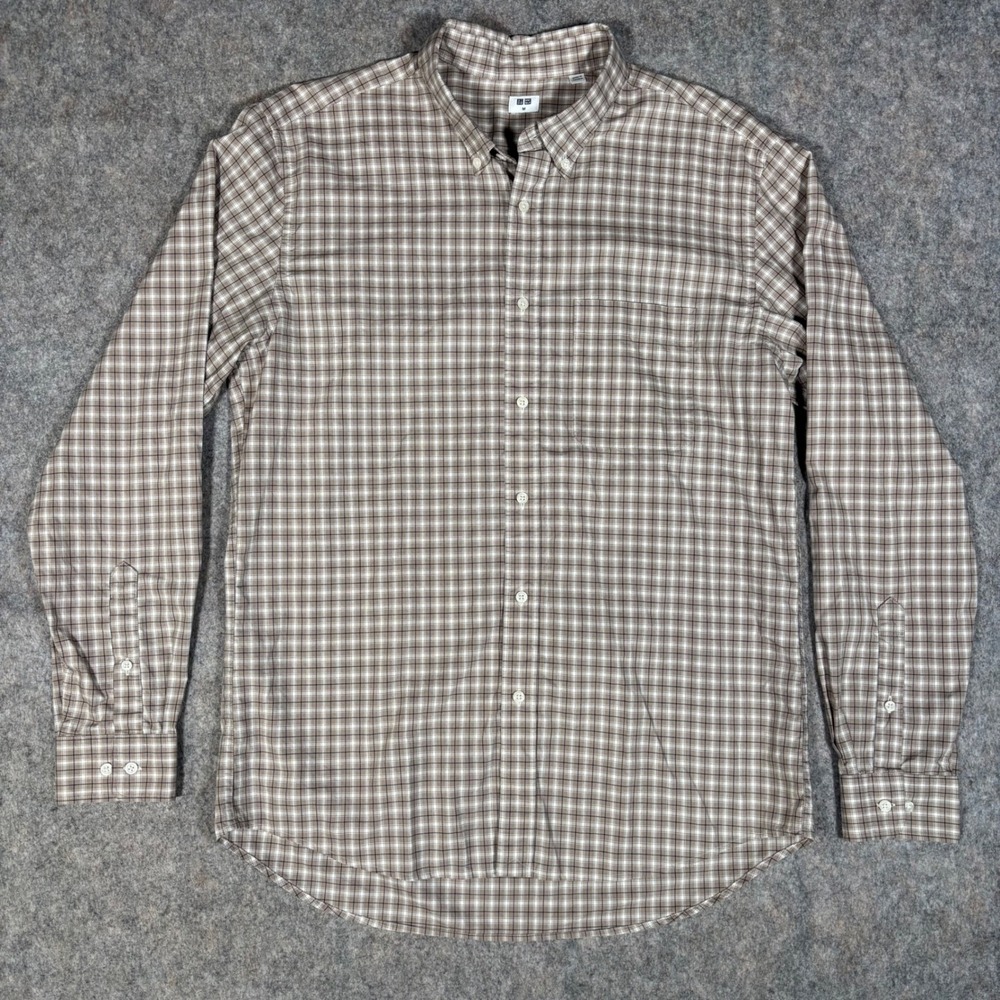 Uniqlo Button Down Shirt Mens M Brown Plaid Check Long Sleeve 331-467498 Cotton